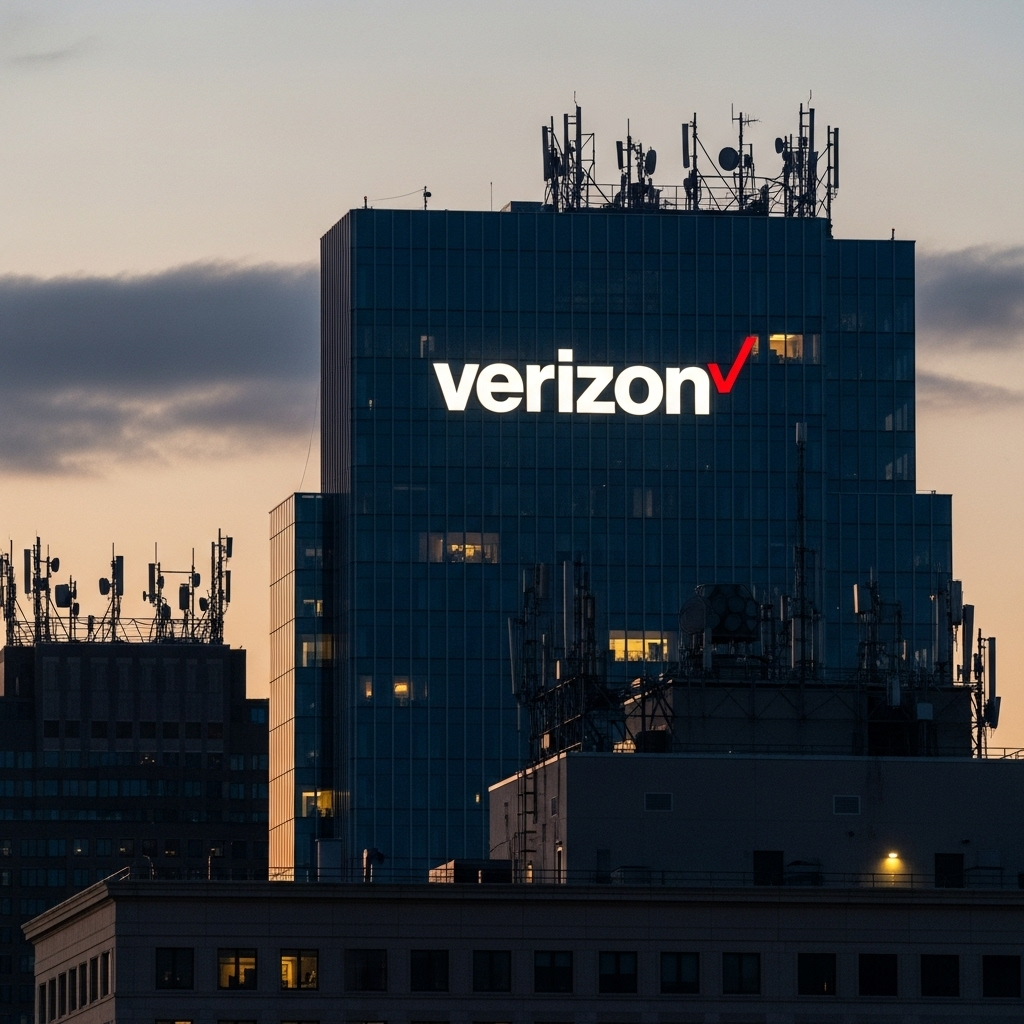 Dividendenperle Verizon: Das sind die größten Probleme! Ein Hochhaus mit großem, leuchtendem Verizon-Logo bei Abenddämmerung. Auf dem Dach sind mehrere Mobilfunkantennen und technische Anlagen zu sehen, die auf Telekommunikation und Netzbetrieb hinweisen.