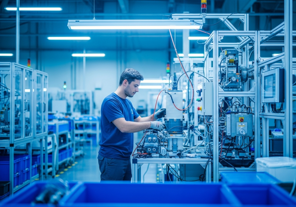 Nel ASA: Gewinne fehlen – Strategiewechsel in Sicht? Ein Techniker arbeitet in einer modernen Produktionshalle an der Montage eines Wasserstoff-Elektrolyseurs. Umgeben von Maschinen und Steuergeräten prüft er Bauteile in einer automatisierten Fertigungsumgebung.