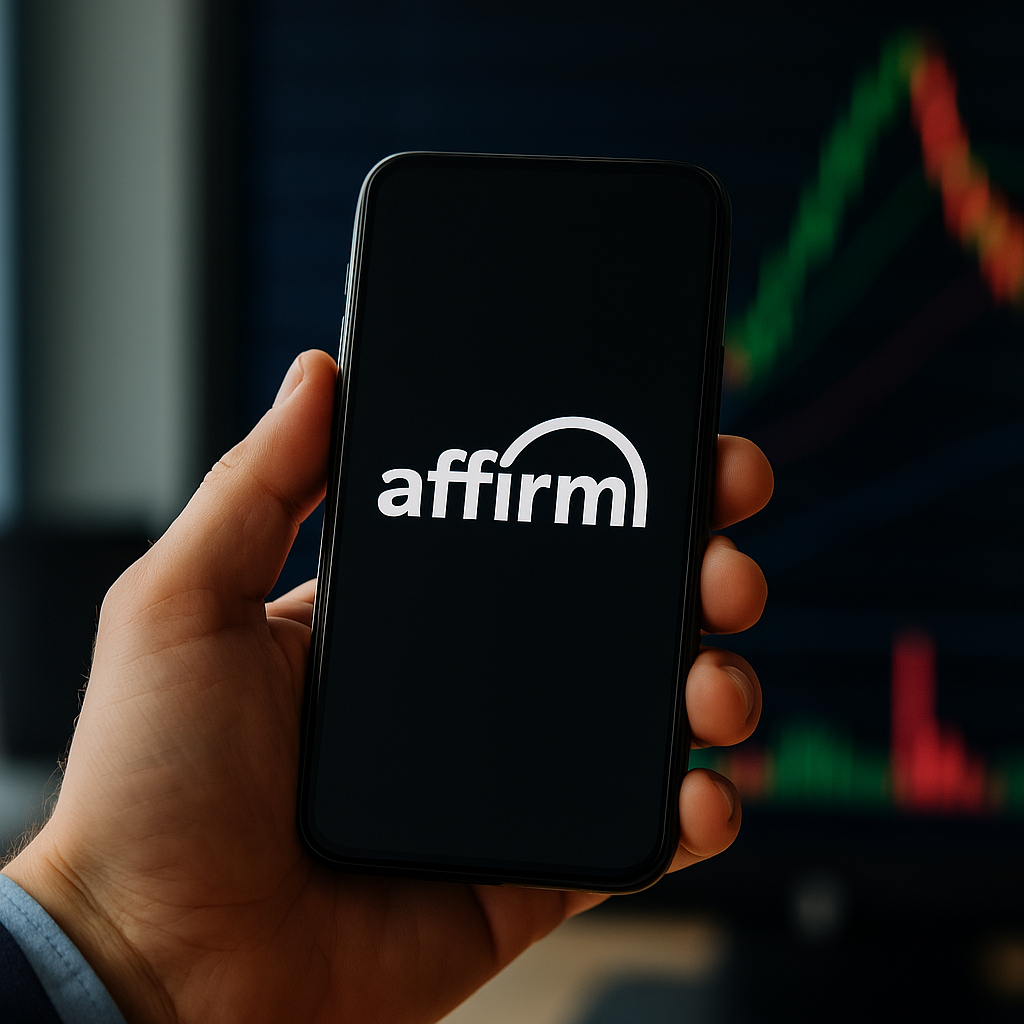 Eine Hand hält ein Smartphone, auf dessen Bildschirm das Affirm-Logo zu sehen ist. Im Hintergrund sind unscharfe Börsenkurse und Kursdiagramme zu erkennen, was eine moderne, geschäftliche Atmosphäre vermittelt.