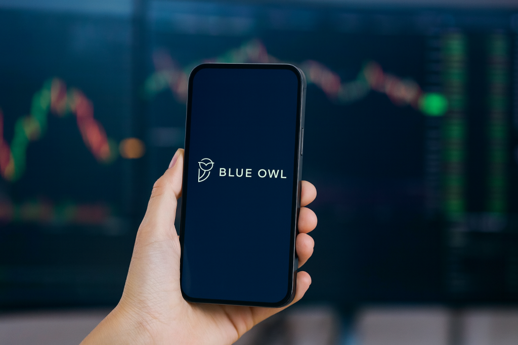 Blue Owl-Aktie: Rücknahmen gestoppt – Anleger verunsichert! Eine Hand hält ein leicht schräg positioniertes Smartphone, auf dessen Display das Blue-Owl-Logo zu sehen ist. Im Hintergrund erscheinen unscharfe Monitore mit Aktiencharts und einer diffusen Börsenatmosphäre.