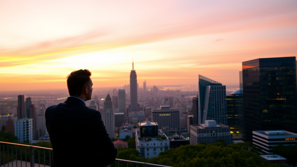 Investor mit Blick auf Stadt bei Sonnenaufgang