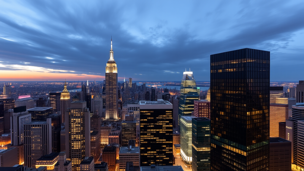 Panorama einer Finanzdistrikt bei Dämmerung