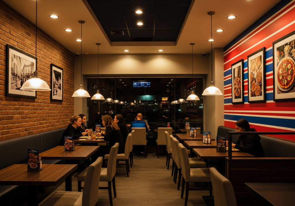 Innenaufnahme eines modern eingerichteten Restaurants mit warmem, gedimmtem Licht. Mehrere Gruppen von Menschen sitzen an Holztischen und unterhalten sich oder essen. Links ist eine Backsteinwand mit Schwarzweiß-Fotografien, rechts eine farbenfrohe Wand mit Bildern verschiedener Pizzen. Große Fenster im Hintergrund geben den Blick auf nächtliche Lichter draußen frei.