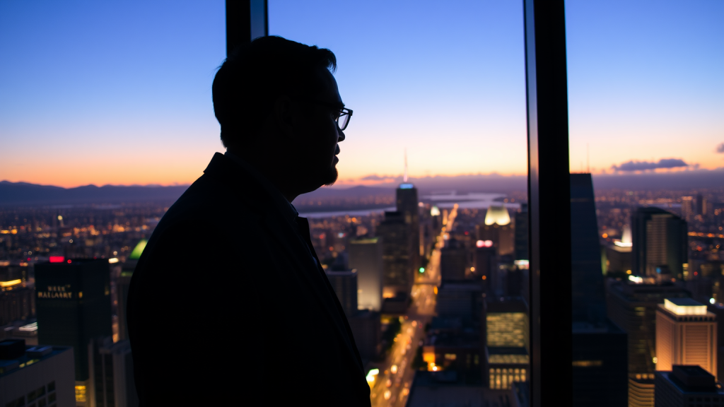 DroneShield-Aktie: Hier wird gezockt! Investor blickt auf Finanzdistrikt bei Dämmerung