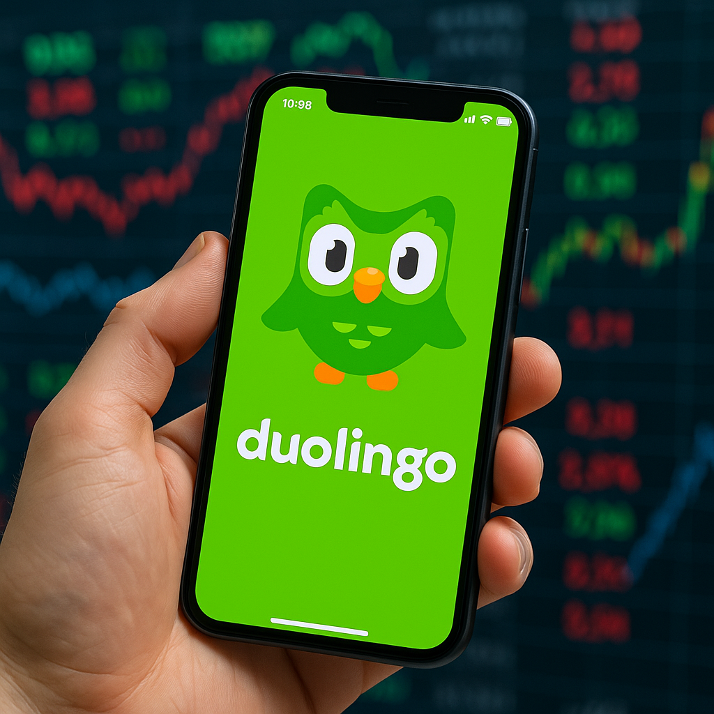 Duolingo-Aktie: Das ist bitter! Eine Hand hält ein Smartphone, auf dessen Display die grüne Startseite der Duolingo-App mit dem bekannten Eulenmaskottchen zu sehen ist. Im Hintergrund erscheinen unscharfe Kursanzeigen und Diagramme, die eine Börsenatmosphäre andeuten.