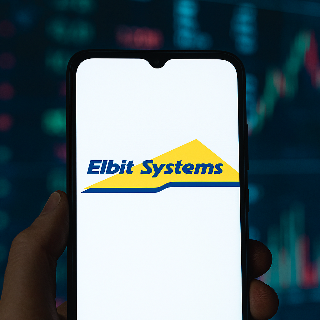 Elbit Systems-Aktie: Das läuft! Eine Hand hält ein Smartphone, auf dessen Bildschirm das Elbit-Systems-Logo groß und klar angezeigt wird. Im Hintergrund sind unscharfe Börsenkurse und farbige Finanzgrafiken auf Monitoren zu erkennen.