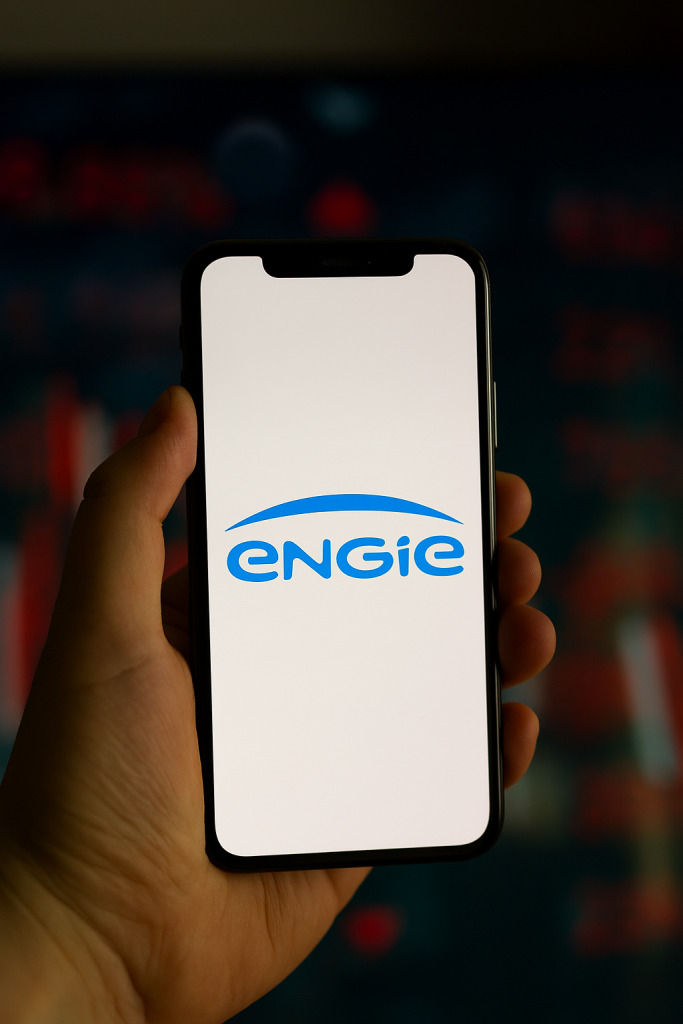 Engie-Aktie: Mehr Absatz – weniger Gewinn! Eine Hand hält ein Smartphone mit dem blauen Engie-Logo auf dem Bildschirm. Im Hintergrund ist eine unscharfe Börsenatmosphäre mit Kursanzeigen und Diagrammen zu sehen
