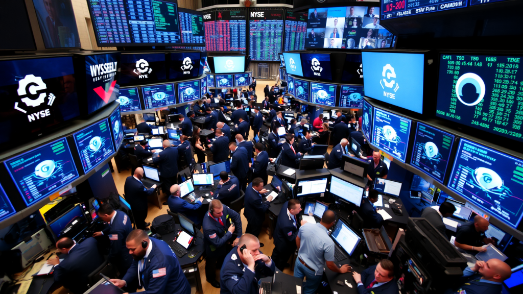 Hensoldt-Aktie: Die ganze Wahrheit Handelsboden mit Händlern und großen Bildschirmen.