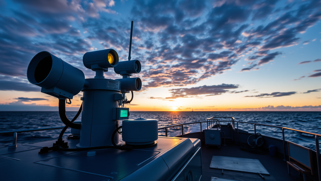 Hensoldt-Sensorsystem auf einem Schiff bei Sonnenaufgang