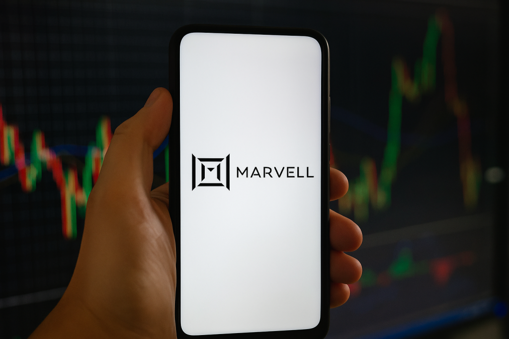 Marvell-Aktie: Übernahme-Fantasie! Eine Hand hält ein Smartphone, auf dessen Display das schwarze Marvell-Logo zu sehen ist. Im Hintergrund sind unscharfe rote und grüne Kursdiagramme zu erkennen, die eine Börsenatmosphäre vermitteln.