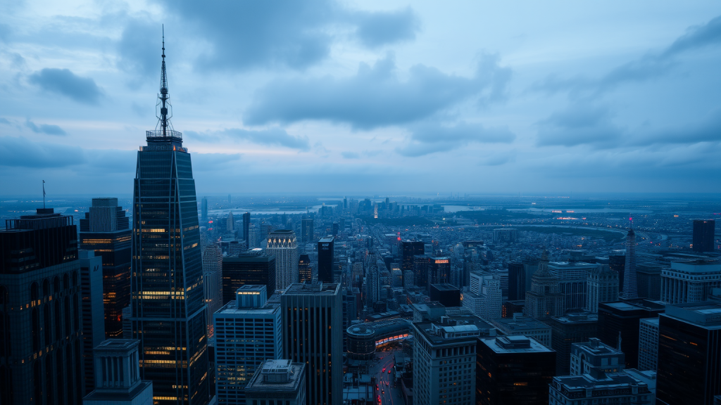 Meta–Aktie: Rechenzentren statt Schlagworte! Finanzviertel bei Dämmerung von oben