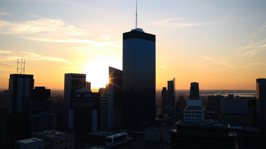 Meta-Aktie: Neue Einkaufsfunktionen! Sonnenaufgang über Finanzdistrikt mit Hochhäusern