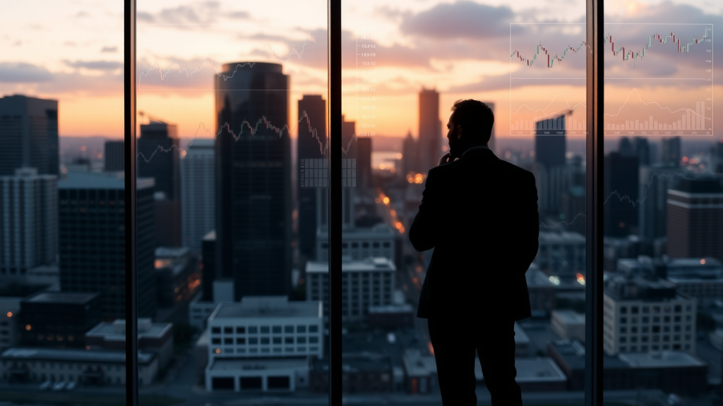 Novo Nordisk-Aktie: Ein Dilemma! Nachdenklicher Investor vor großem Fenster mit digitalem Börsenüberlagerung.