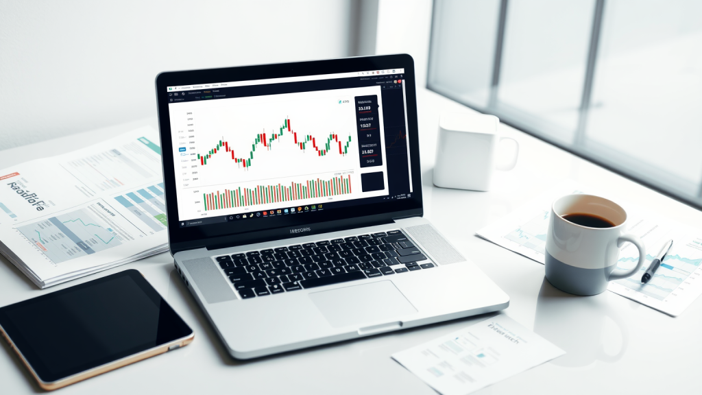Novo Nordisk-Aktie: Noch nicht vom Eis! Schreibtisch mit Laptop und Kerzendiagramm.