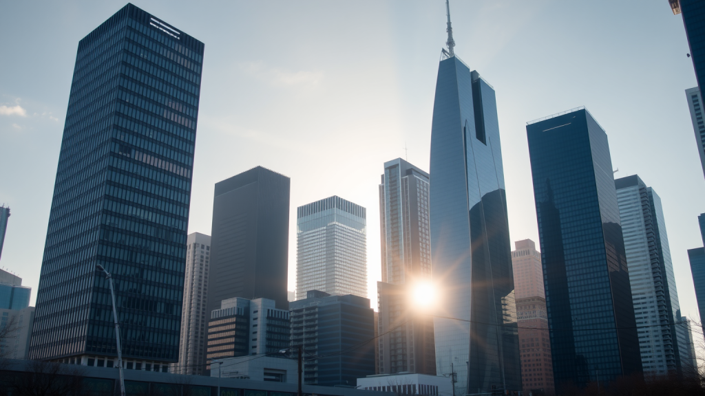 Finanzviertel am Morgen mit digitalen Ticker-Anzeigen