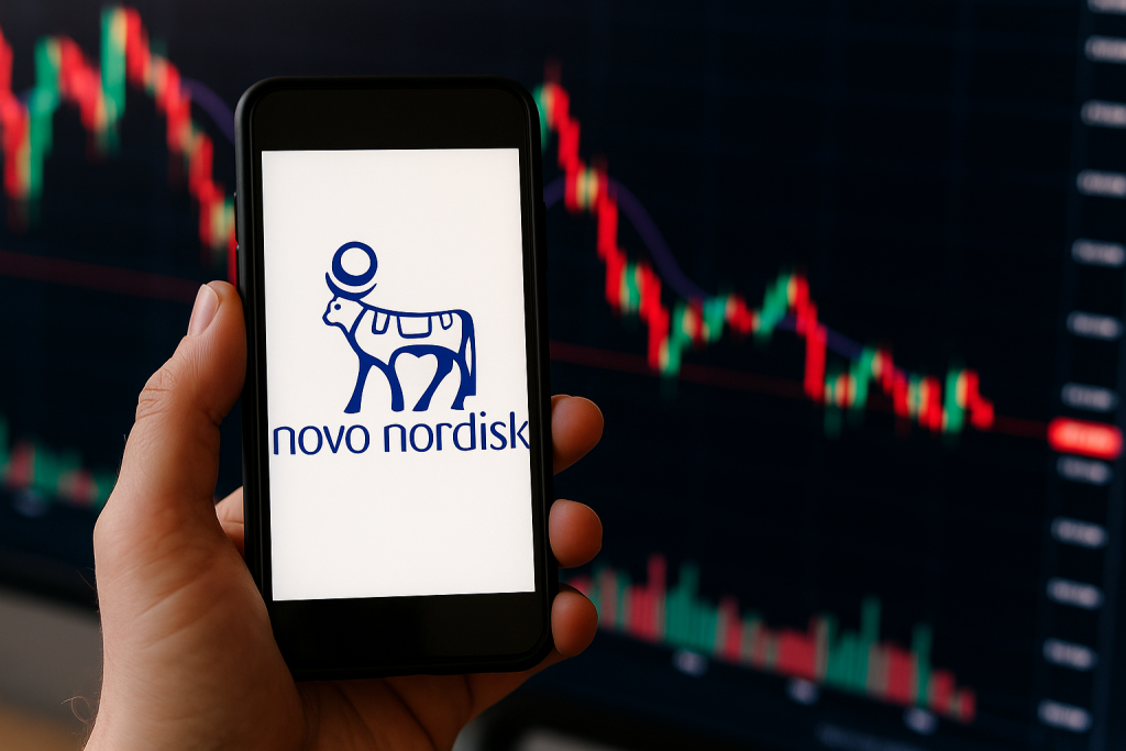 Novo Nordisk: Was der Trump-Deal tatsächlich bedeutet! Eine Hand hält ein Smartphone, auf dessen Display das blaue Novo-Nordisk-Logo zu sehen ist. Im Hintergrund verlaufen unscharf rote und grüne Aktiencharts auf einem Monitor, die eine Börsenatmosphäre erzeugen.