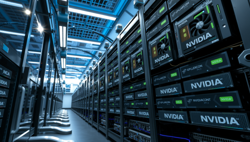 Nvidia–Aktie: Dauerbrenner! Futuristisches Rechenzentrum mit Nvidia-GPUs