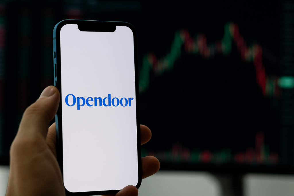 Opendoor-Aktie: Neuausrichtung sorgt für Kurssturz! Eine Hand hält ein Smartphone, auf dessen Bildschirm das Opendoor-Logo zu sehen ist. Im Hintergrund erscheinen unscharfe Börsencharts mit roten und grünen Kurslinien.