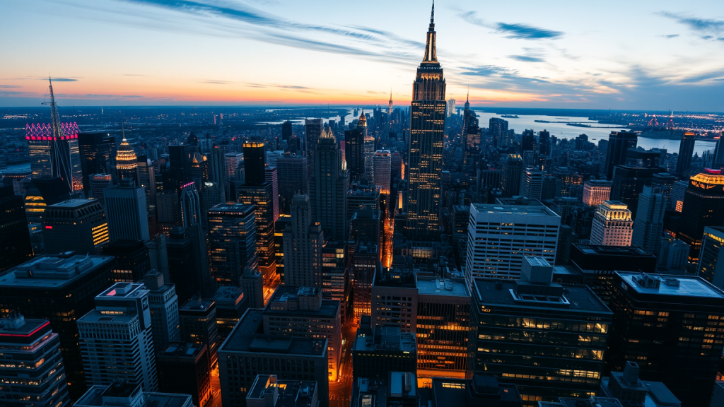 Oracle–Aktie: KI-Boom mit Realitätscheck! Finanzviertel von oben bei Dämmerung mit beleuchteten Wolkenkratzern