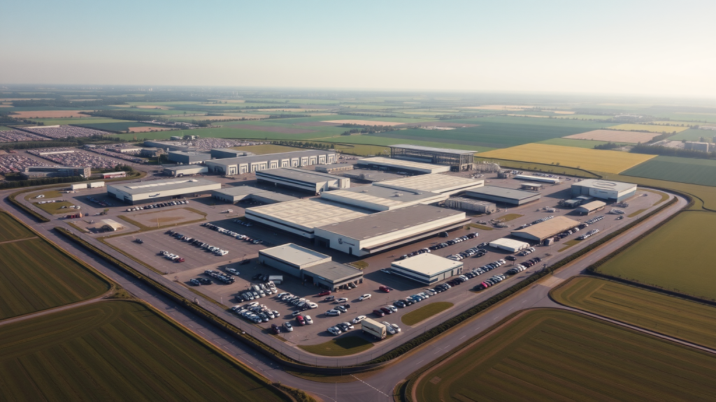 Luftaufnahme des weitläufigen Volkswagen-Werks, umgeben von grünen Feldern und klarem Himmel