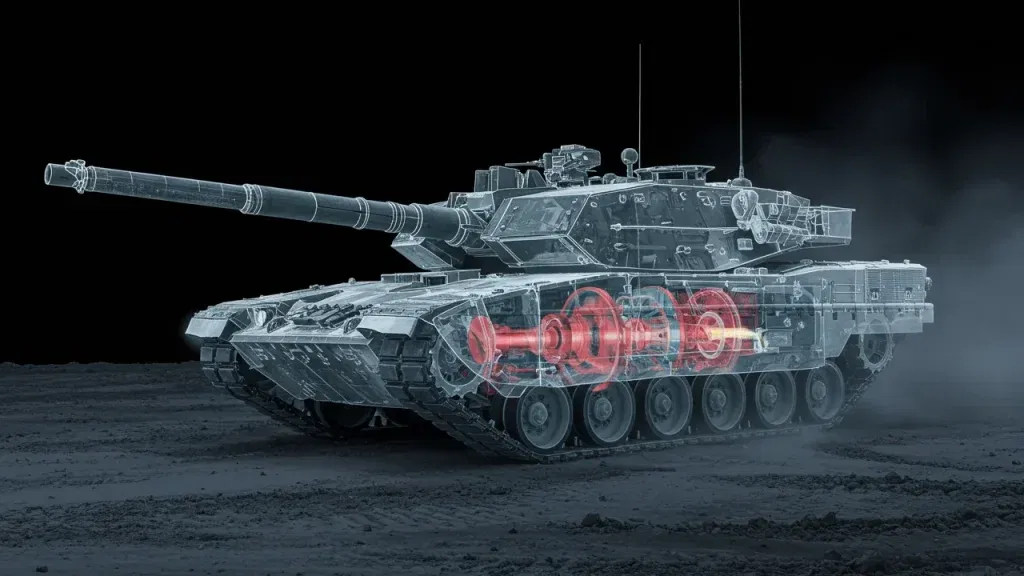 Visualisierung eines Kampfpanzers mit transparenter Außenhülle und hervorgehobenem Renk-Getriebesystem als technisches Herzstück auf staubigem Untergrund.