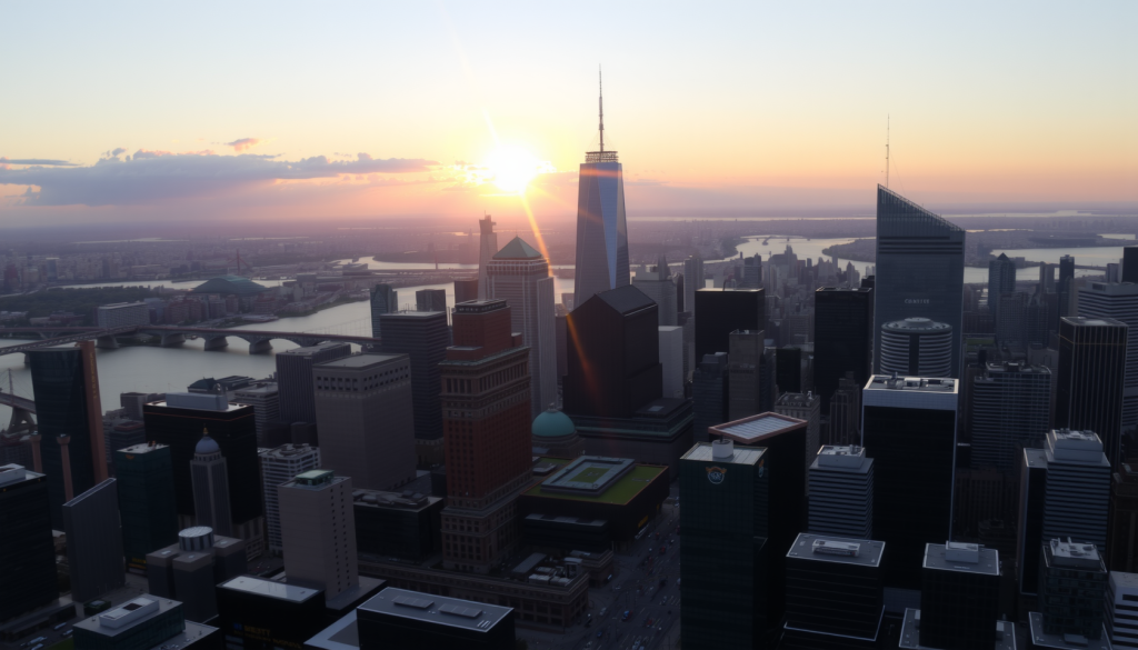 Siemens–Aktie: Kursziele sinken! Finanzviertel bei Sonnenuntergang