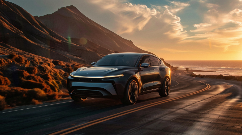 Stellantis–Aktie: Batterieoffensive als Belastungsprobe! Ein neu vorgestellter Elektro-SUV von Stellantis fährt auf einer malerischen Küstenstraße, umgeben von Bergen und einem Sonnenuntergang