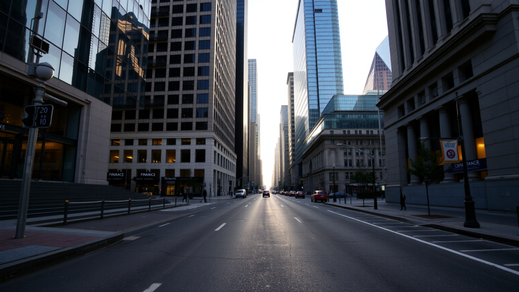 Strabag-Aktie: Stress in Ungarn! Finanzviertel bei Sonnenaufgang mit Wolkenkratzern