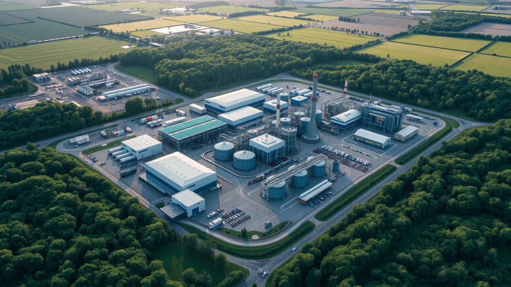 Thyssenkrupp nucera–Aktie: Grüner Wasserstoff mit Dämpfer! Industrielle Anlage mit grüner Umgebung