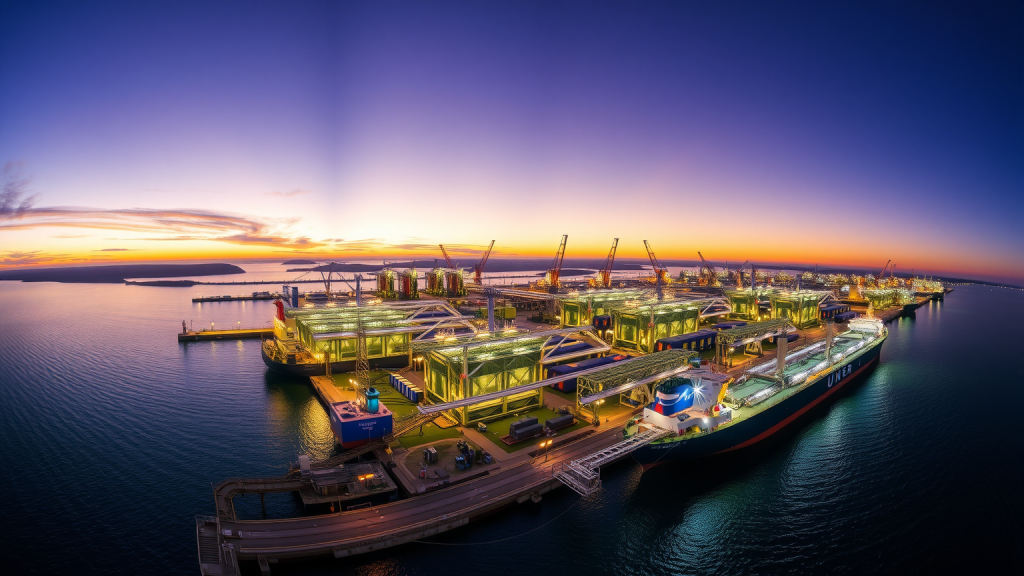 Panorama des Uniper-LNG-Terminals bei Sonnenuntergang.