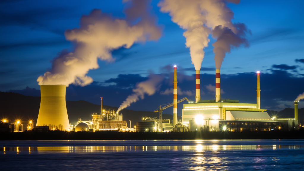 Abendliche Szene des Uniper-Kraftwerks mit Dampf