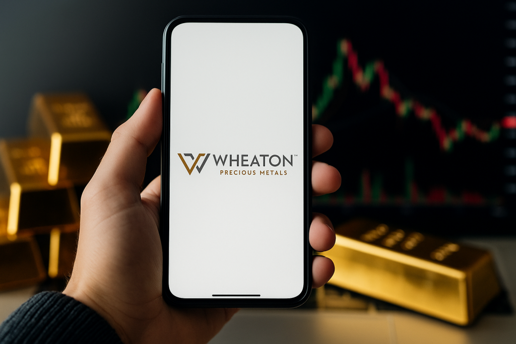 Wheaton Precious Metals-Aktie: Volle Kraft voraus! Eine Hand hält ein Smartphone mit dem Wheaton-Precious-Metals-Logo auf dem Bildschirm. Im Hintergrund sind unscharfe Goldbarren und Kursdiagramme zu sehen.