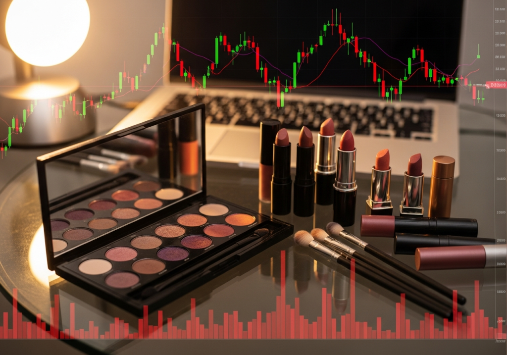Auf einem Glastisch liegen verschiedene Kosmetikprodukte wie Lippenstifte, Lidschatten und Pinsel vor einem aufgeklappten Laptop. Darüber sind transparente Aktiencharts eingeblendet, die fallende und steigende Kurse zeigen. Das Bild symbolisiert die Verbindung von Beauty-Branche und Börsengeschehen.