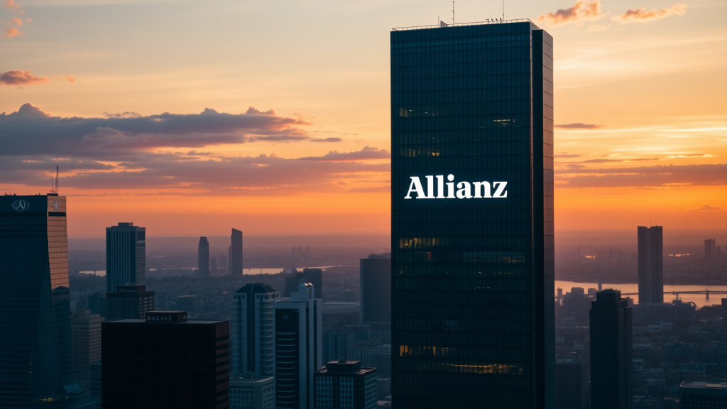 Allianz: Das Jahr zeigt starke Ergebnisse! Sonnenaufgangsstadt mit Allianz-Markenlogo auf Hochhaus