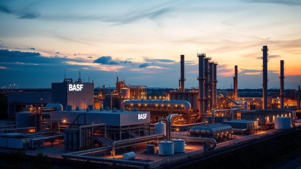 Industrielle BASF-Anlage bei Dämmerung