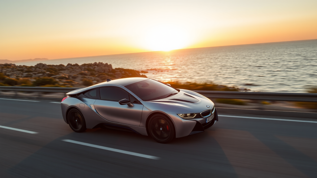 BMW-Aktie: 4 Millionen – und der Boom geht weiter! BMW Elektrofahrzeug fährt entlang der Küste bei Sonnenuntergang