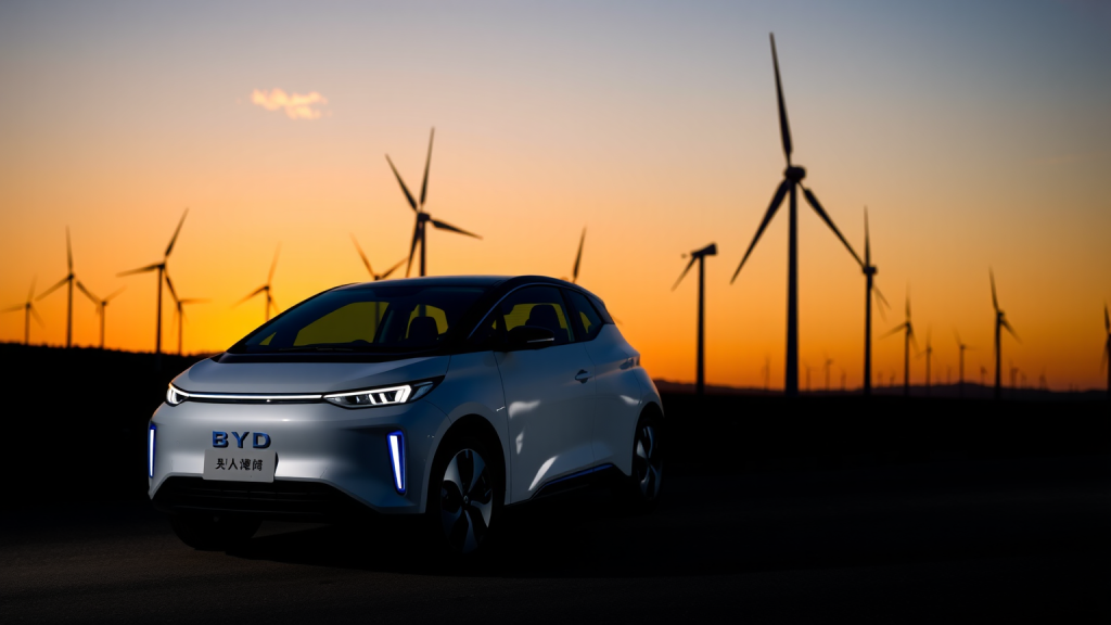 BYD-Aktie: Trendwende in Arbeit? BYD-Elektrofahrzeug vor Windturbinen bei Sonnenuntergang