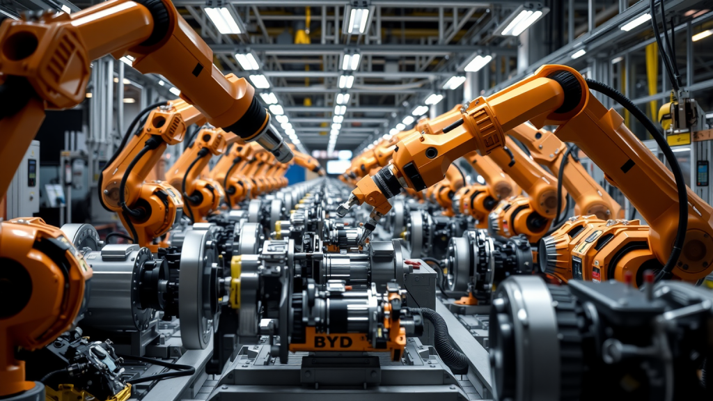 BYD-Aktie: Denn sie wissen nicht was zu tun ist! BYD-Fertigungsstraße mit Roboterarmen
