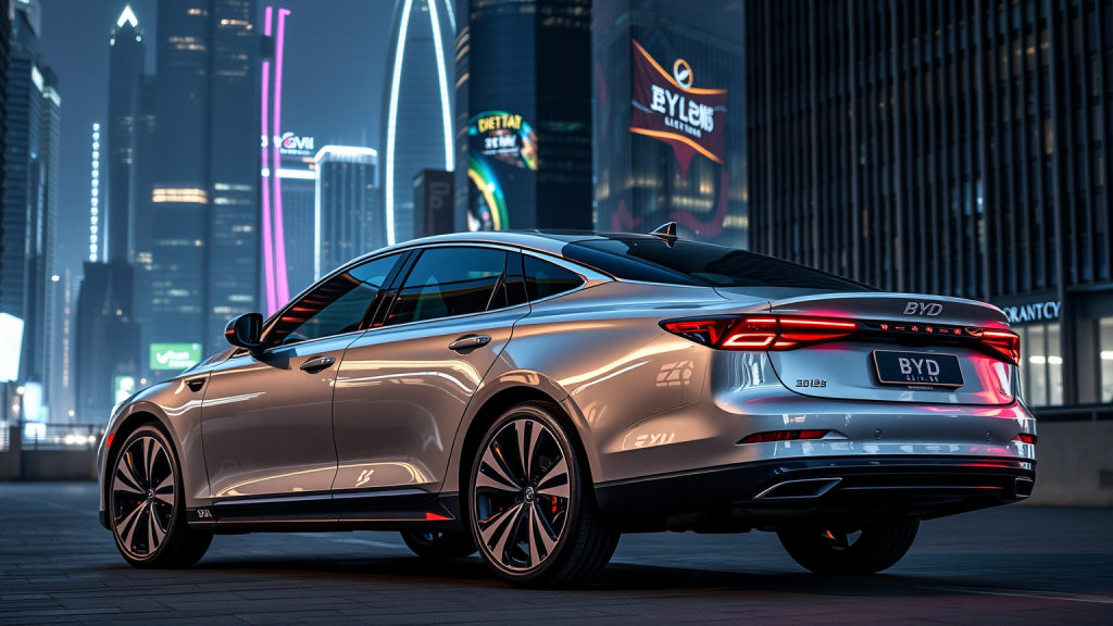 BYD-Aktie: Globaler Expansionskurs! BYD-Elektrolimousine in urbaner Umgebung mit Neonlichtern