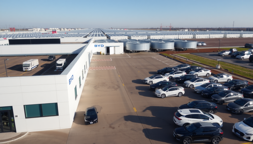 BYD-Aktie: Wo bleibt das Signal? Luftaufnahme von BYD-Fabrik mit neuen Elektrofahrzeugen