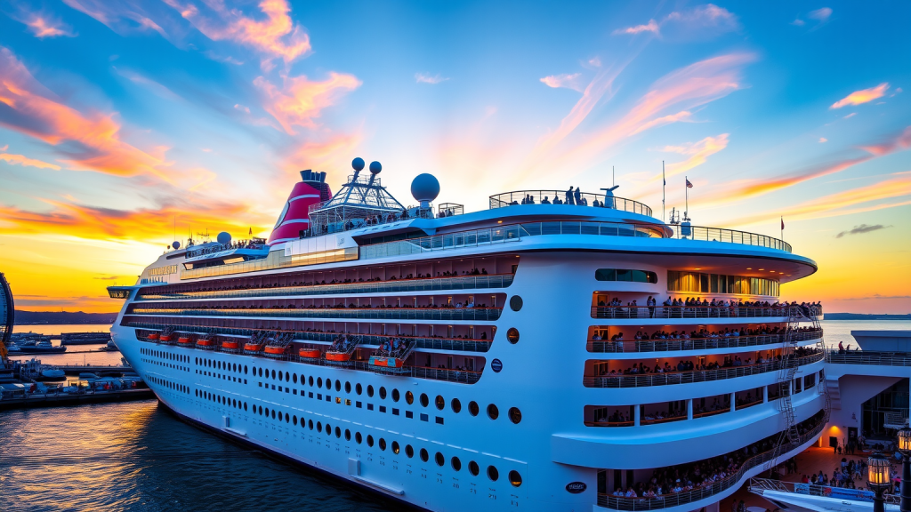 Ein Kreuzfahrtschiff von Carnival bei Sonnenuntergang