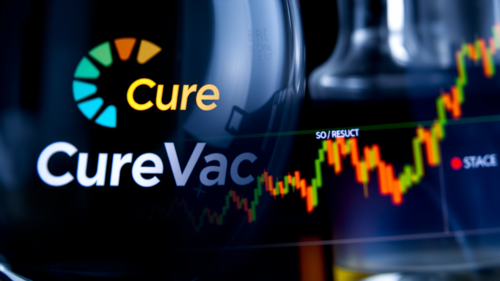 CureVac-Aktie: Nichts geht mehr! Laborgeräte mit CureVac-Logo und Aktiengraf