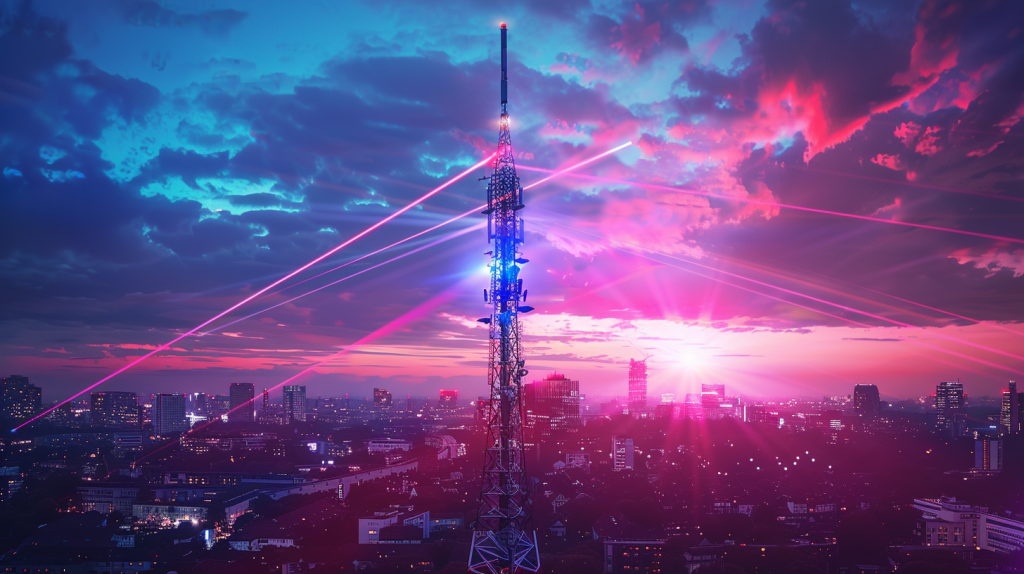 Deutsche Telekom-Aktie: T.Capital – Was bedeutet das? Eine nächtliche Stadtlandschaft mit einem hochmodernen 5G-Turm von Deutsche Telekom, der Lichtstrahlen ausstrahlt