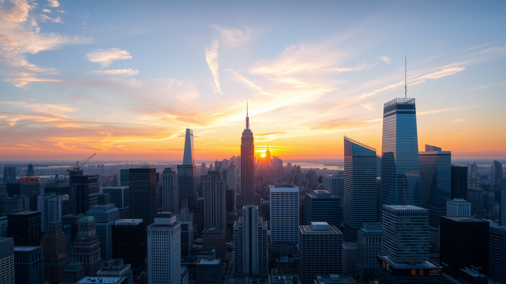 Finanzdistrikt bei Sonnenuntergang mit Wolkenkratzern