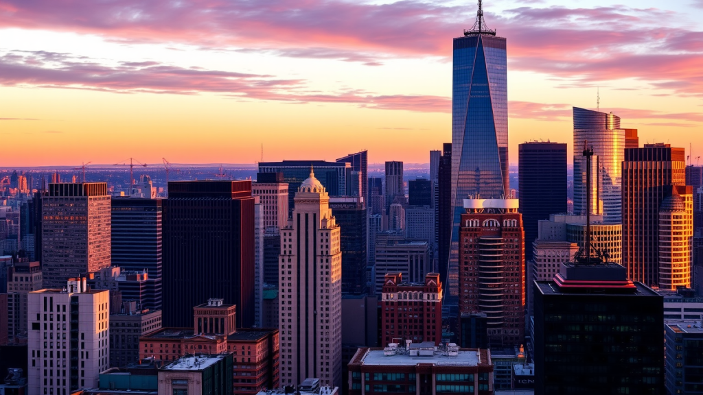 Finanzviertel-Skyline bei Sonnenuntergang.
