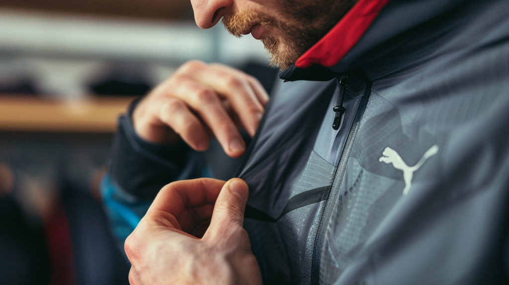 Puma-Aktie: GAP weist den Weg! Ein Profisportler prüft Puma-Performance-Bekleidung, mit Nahaufnahme von Stoffqualität und Design