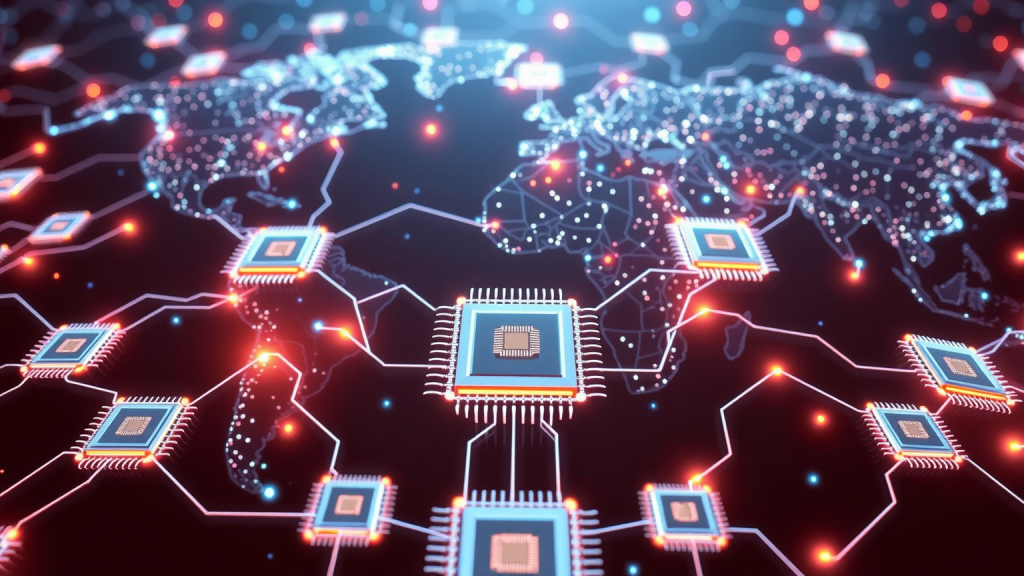 Futuristische Animation von Halbleiter-Chipsätzen, die ein globales Netzwerk bilden, symbolisiert den globalen Einfluss und die Innovation von TSMC in der Technologiebranche.