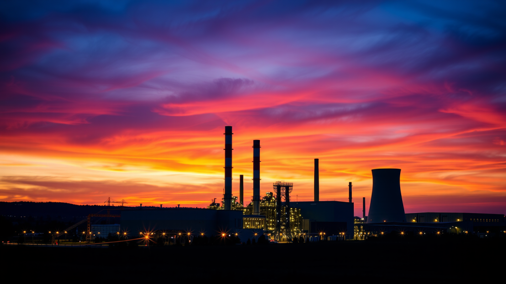 Uniper–Aktie: Abschied von Kohle! Gasgefeuertes Kraftwerk von Uniper im Abendlicht.