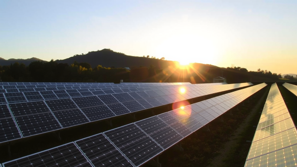 Sonnenaufgang cber Unipers Solarfarm.
