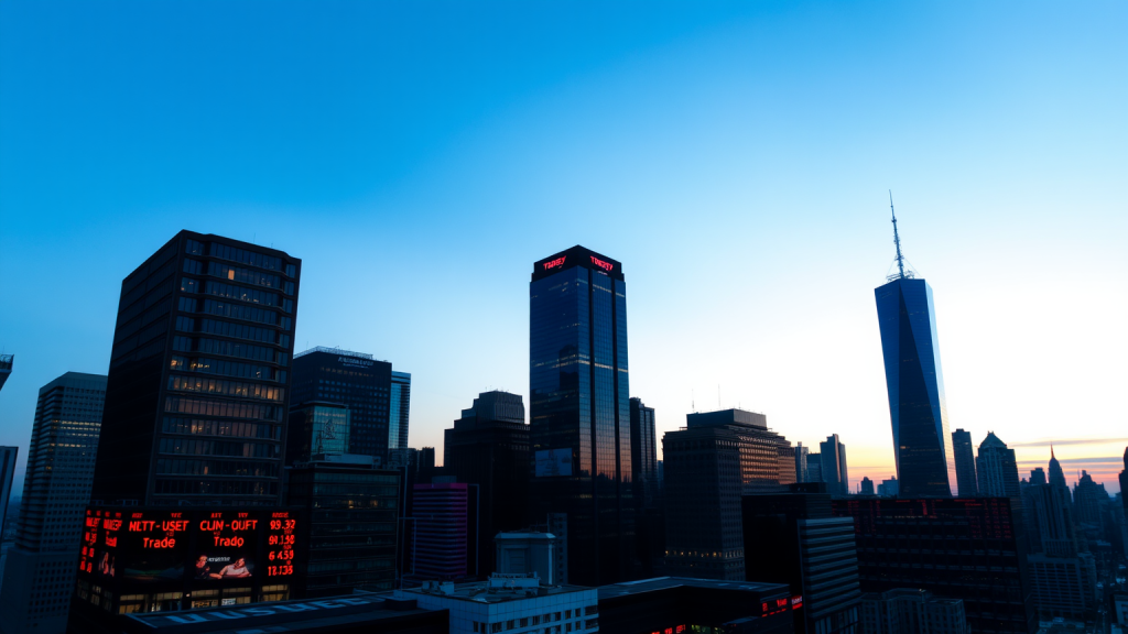 Axsome Therapeutics: Dynamischer Anstieg begeistert Anleger! Moderne Finanzdistrikt bei Dämmerung mit beleuchteten Wolkenkratzern.